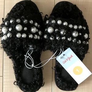 Cat & Jack little girl Black Slip-On Fuzzy Faux Fur Slides w/ Pearl Embellish.